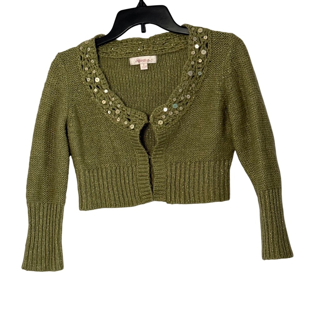 Vintage Xhilaration 90s Y2K Fairy Cropped Cardigan Green Sequin Knit - Medium